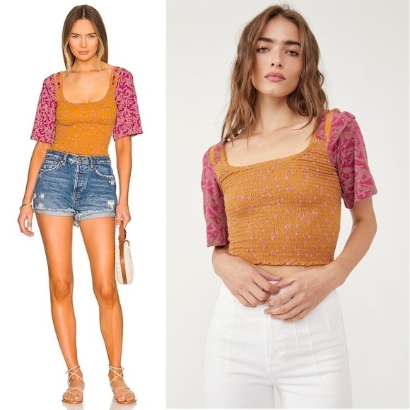 NEW FREE PEOPLE Floral Colorblock Smocked Short Sleeve Square Neck Crop Top XS - Picture 1 of 11